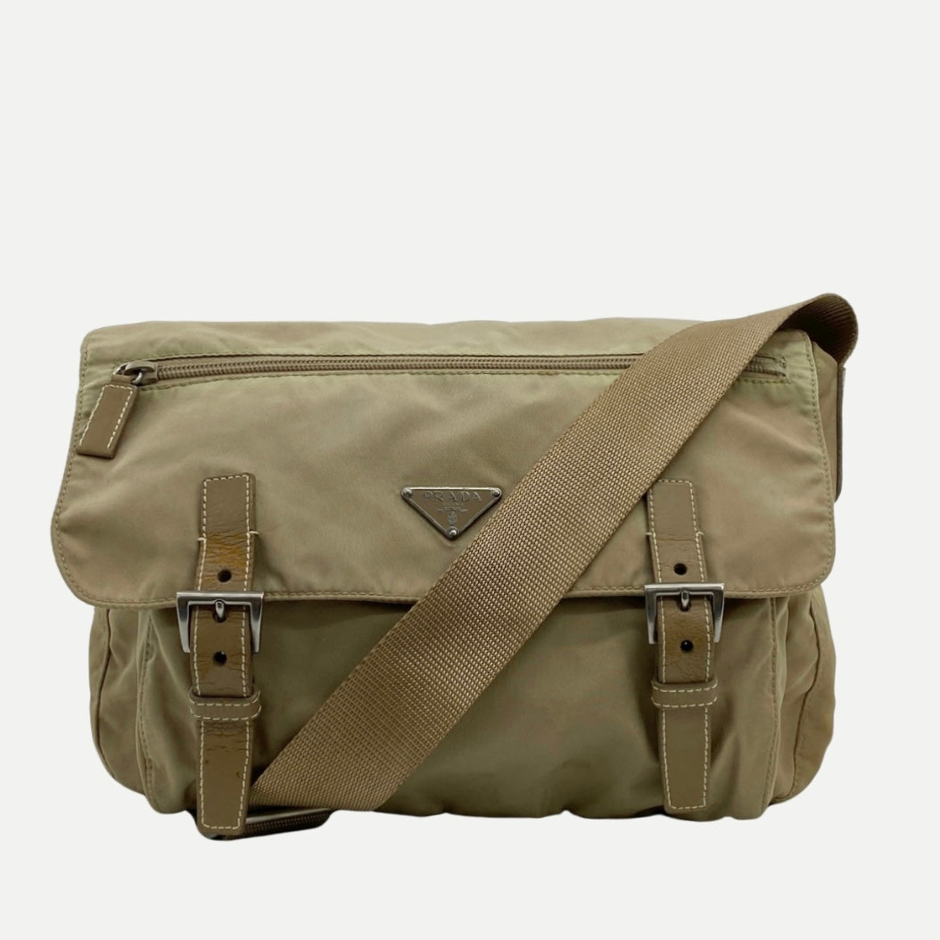 Nylon Messenger Medium Crossbody Beige