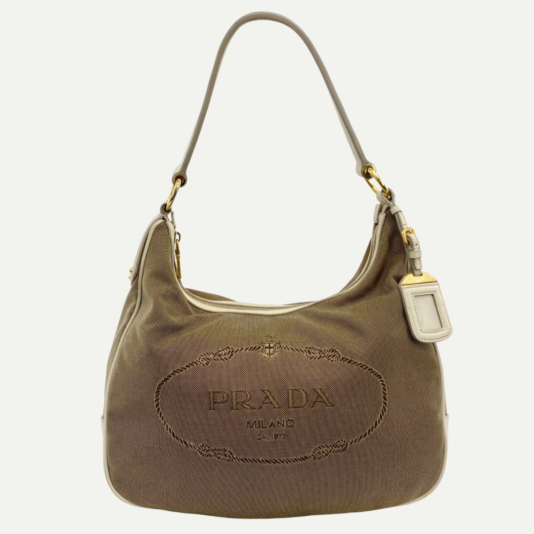 Canvas Logo Jacquard Hobo Bag Beige