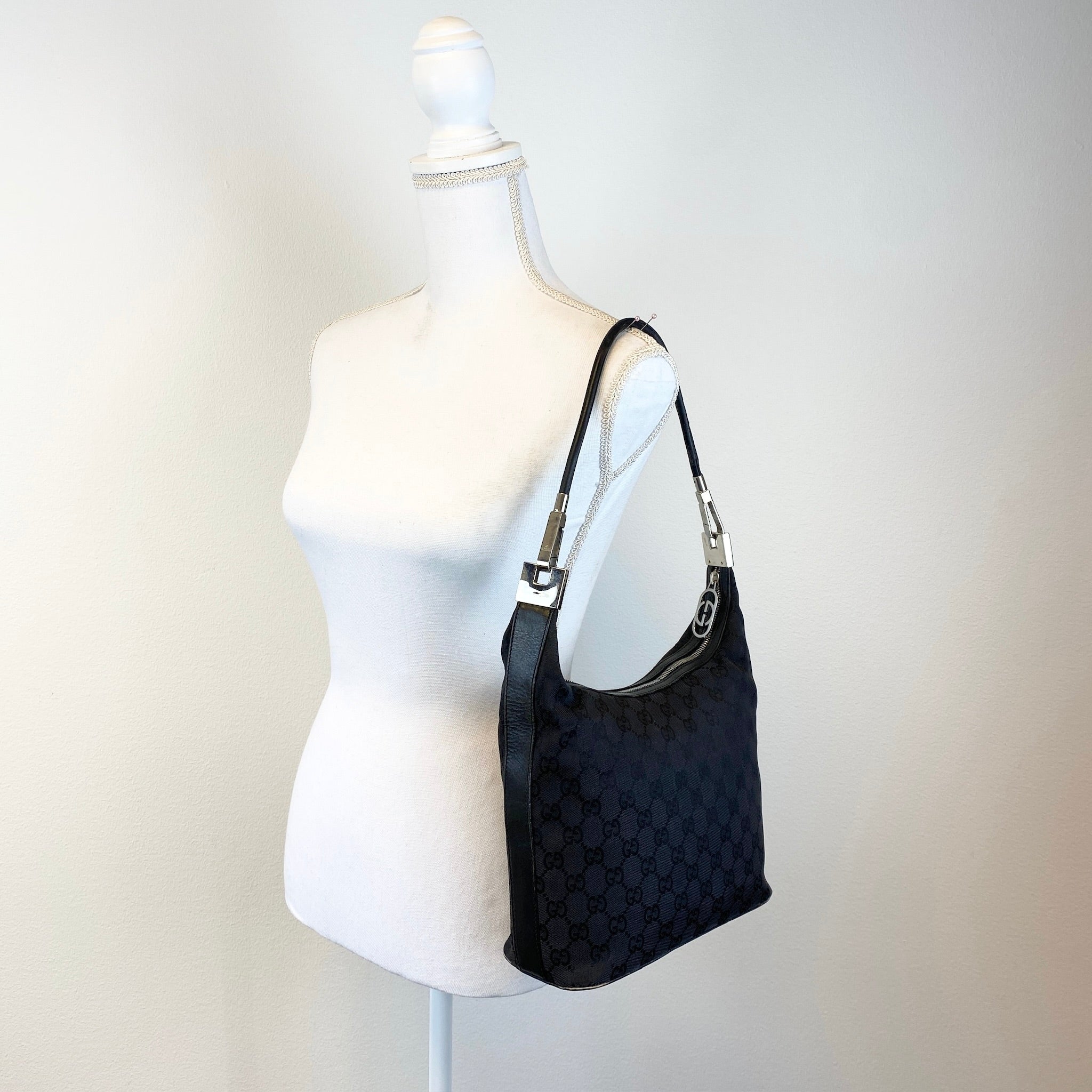 Monogram Hobo Shoulder Bag Black - Vintage Luxuries