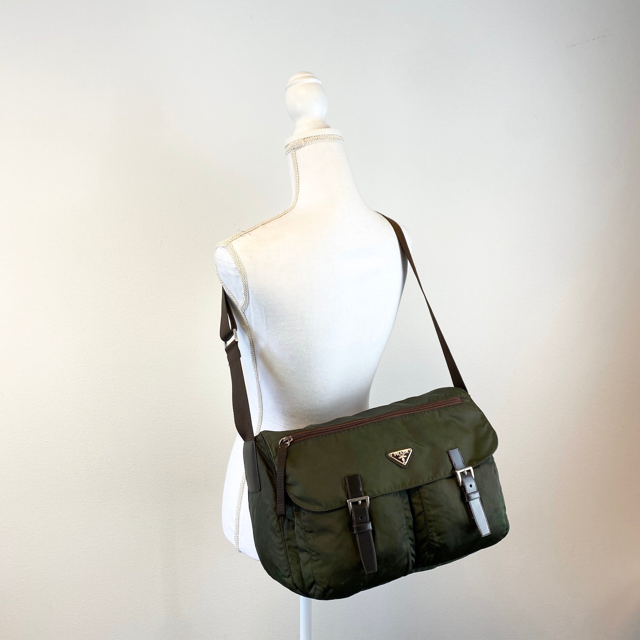 Nylon Messenger Large Crossbody Dark Green