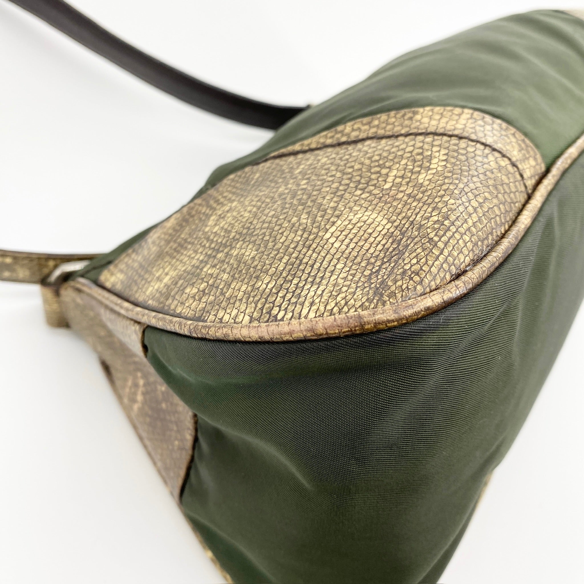 Nylon Shoulder Bag Khaki Snake Print