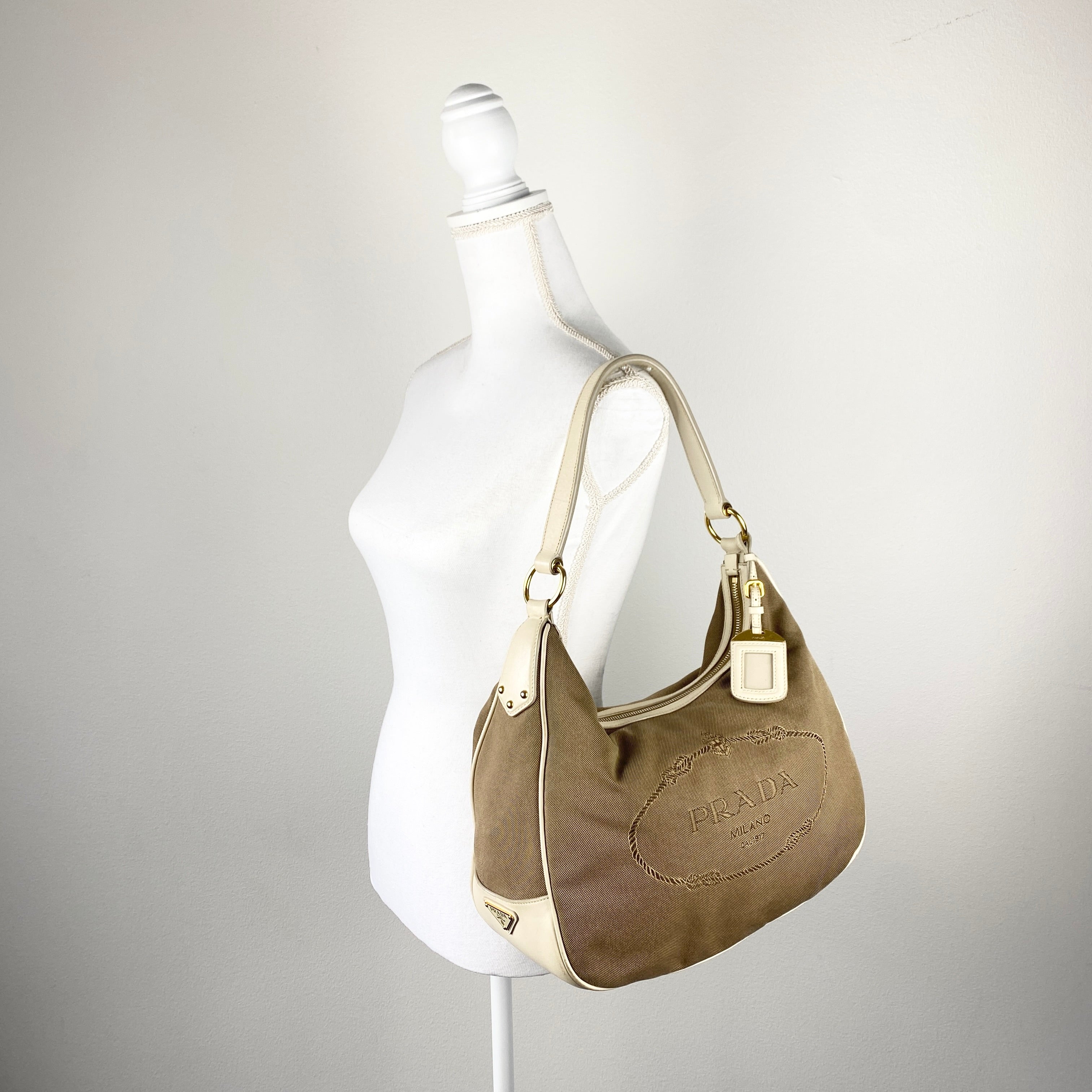 Canvas Logo Jacquard Hobo Bag Beige