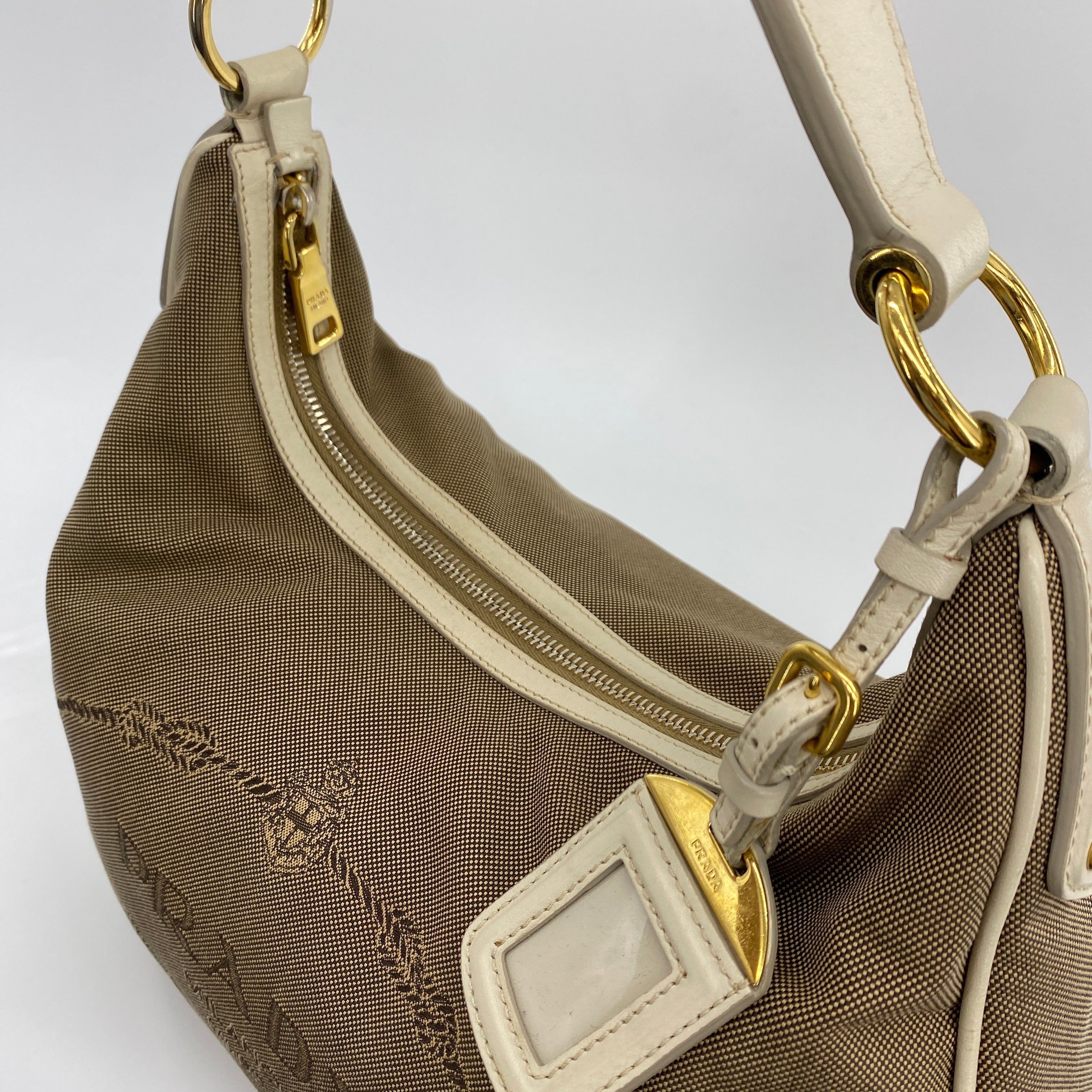 Canvas Logo Jacquard Hobo Bag Beige