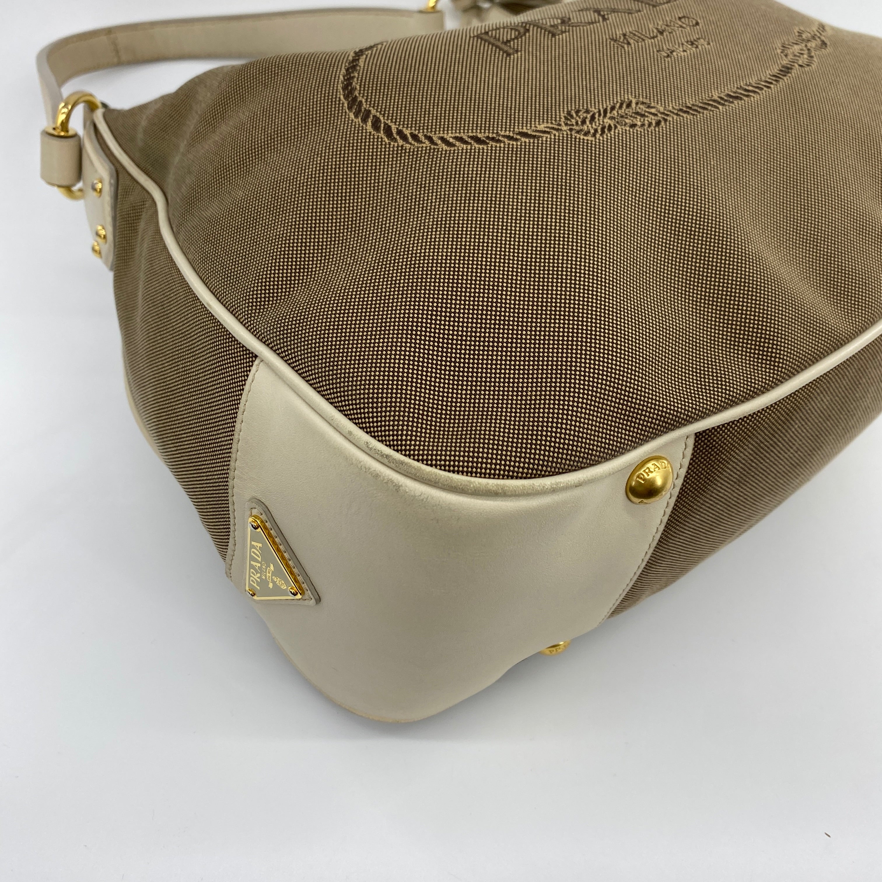 Canvas Logo Jacquard Hobo Bag Beige