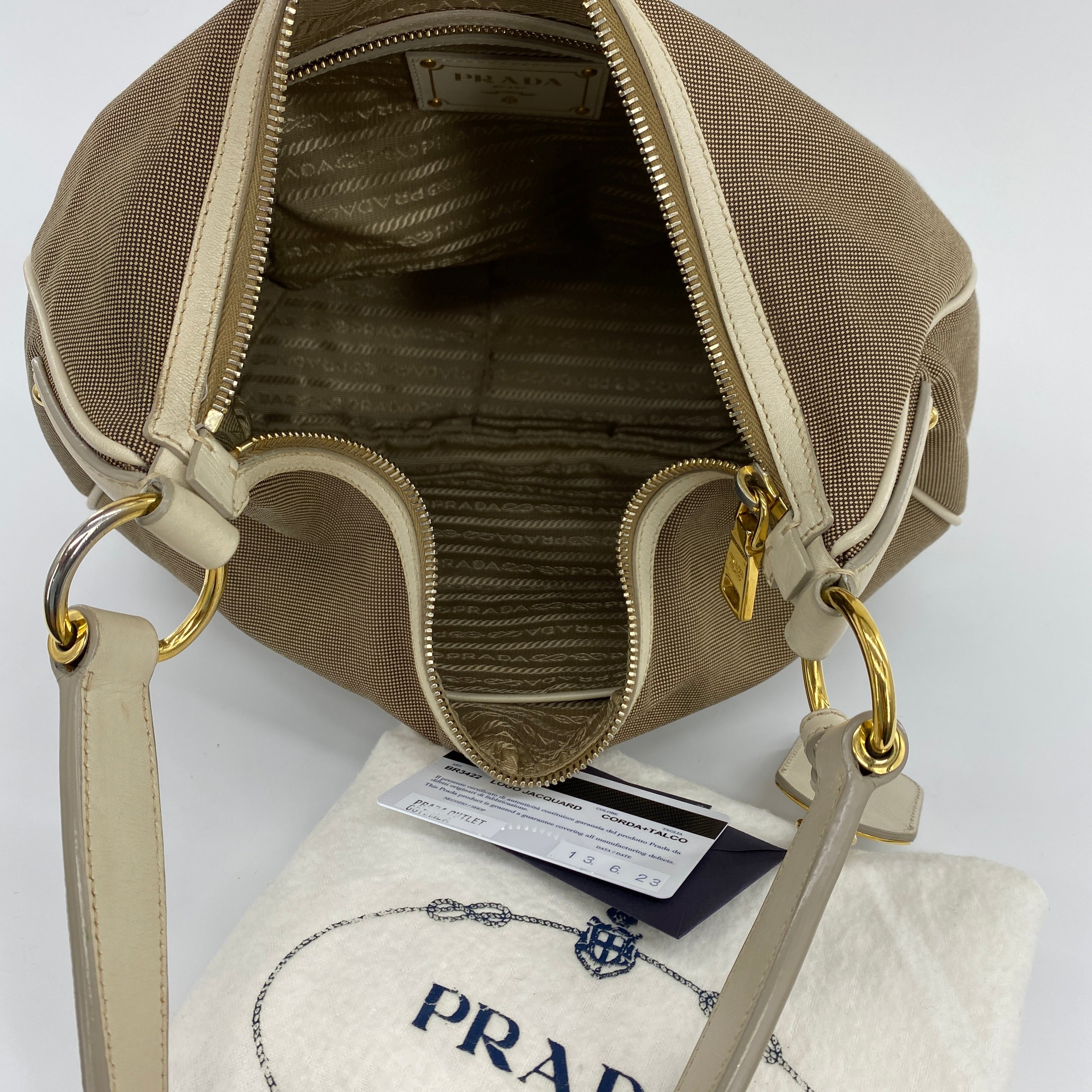 Canvas Logo Jacquard Hobo Bag Beige
