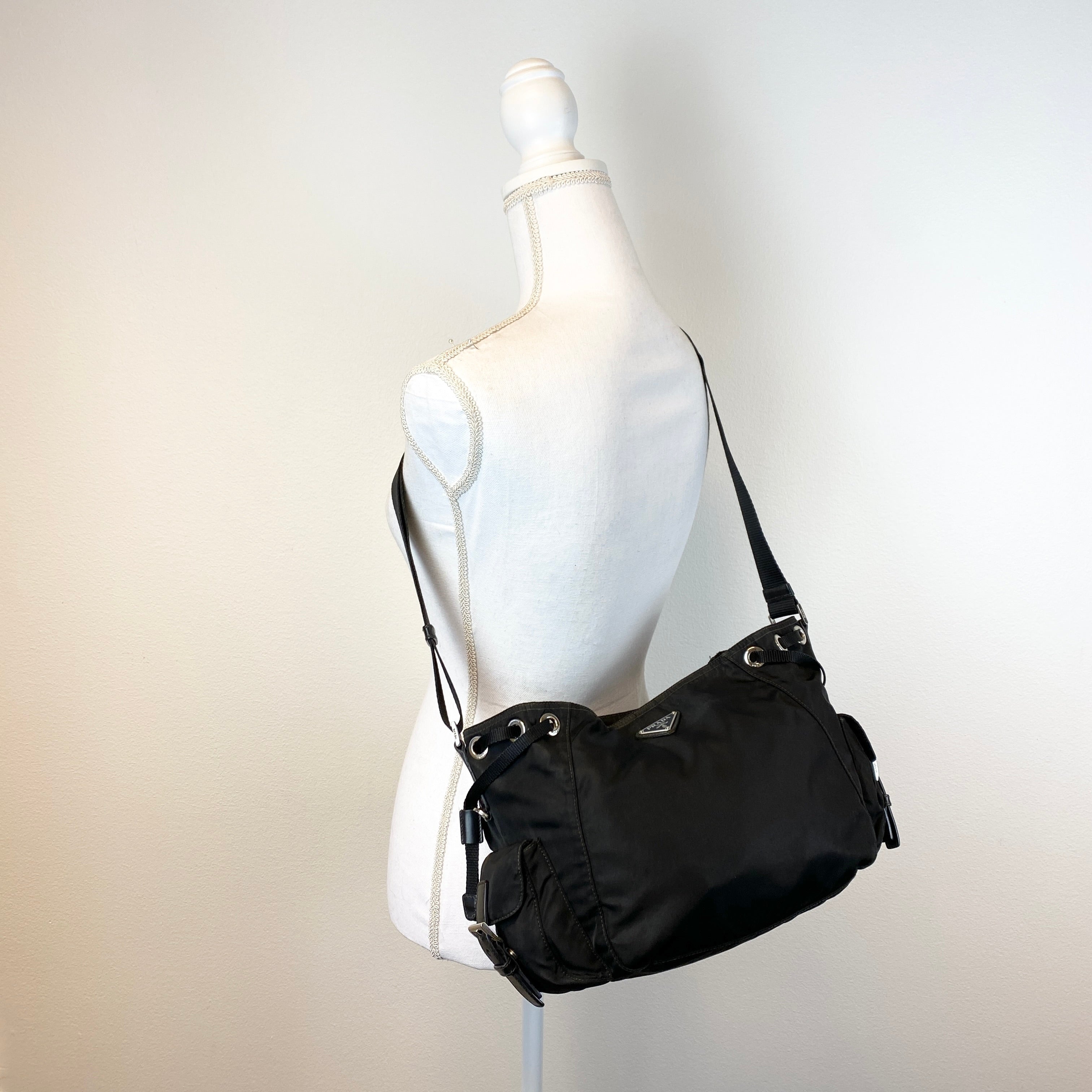 Nylon Hobo Crossbody Bag Black