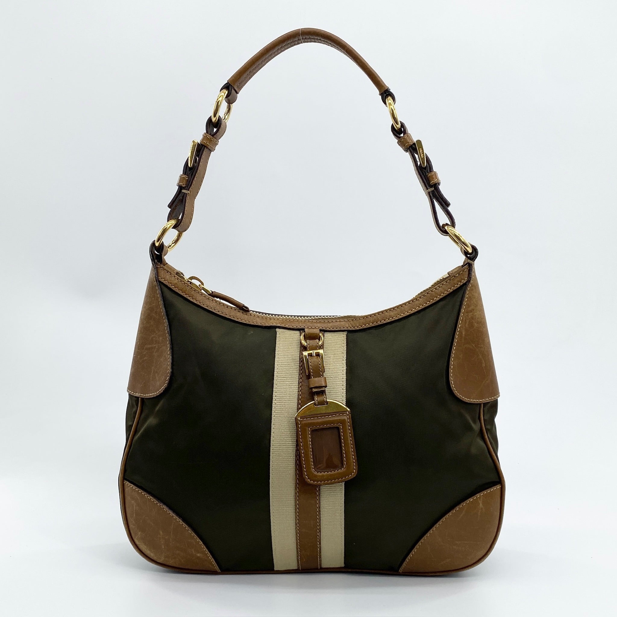 Nylon Shoulder Bag Green Brown