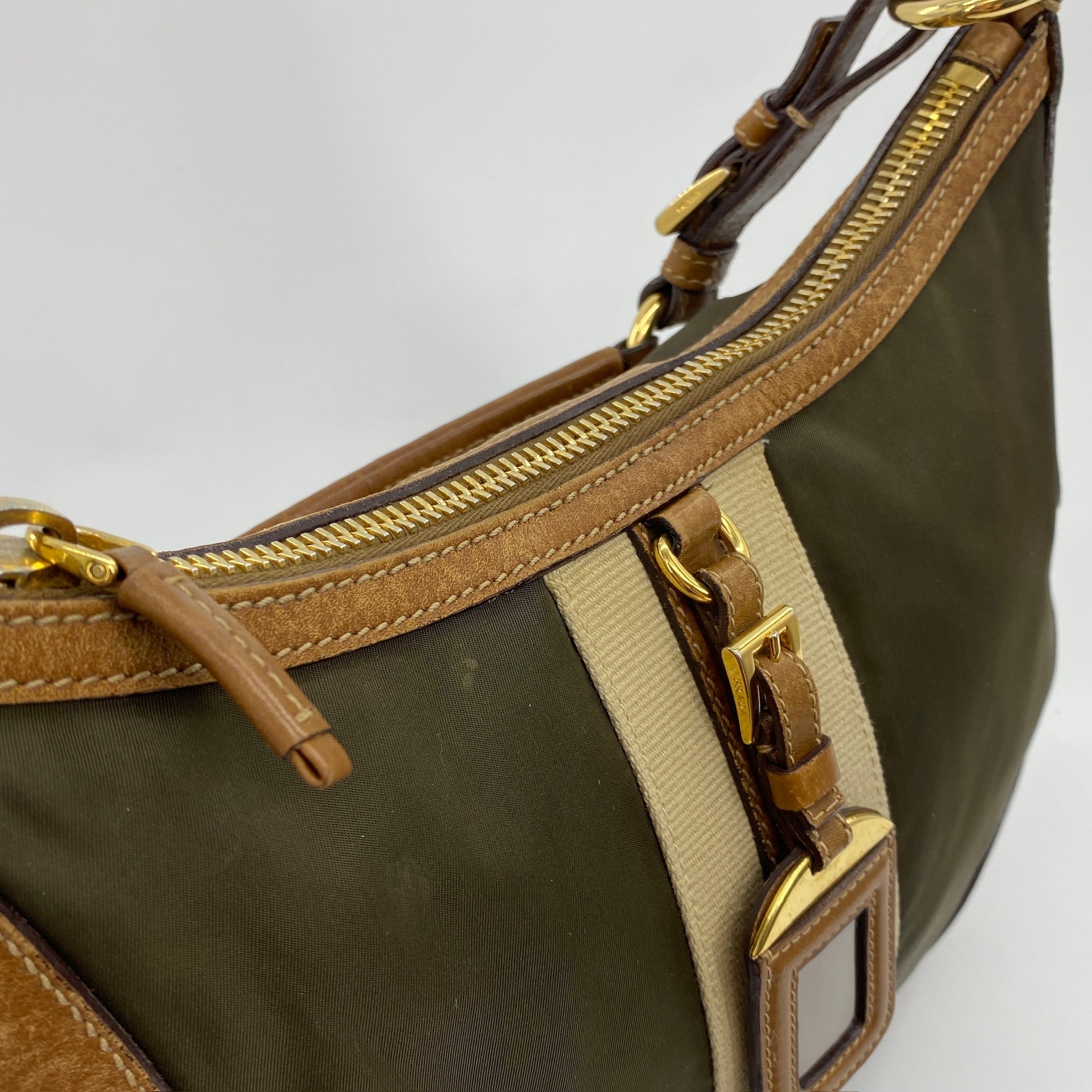 Nylon Shoulder Bag Green Brown