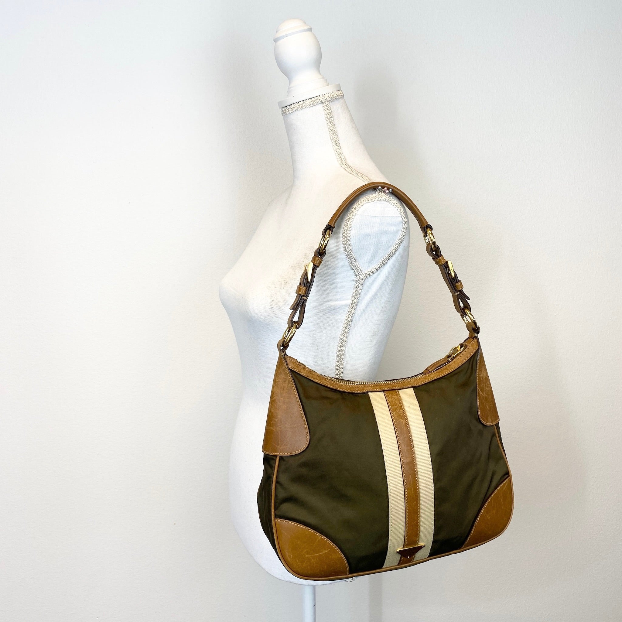 Nylon Shoulder Bag Green Brown