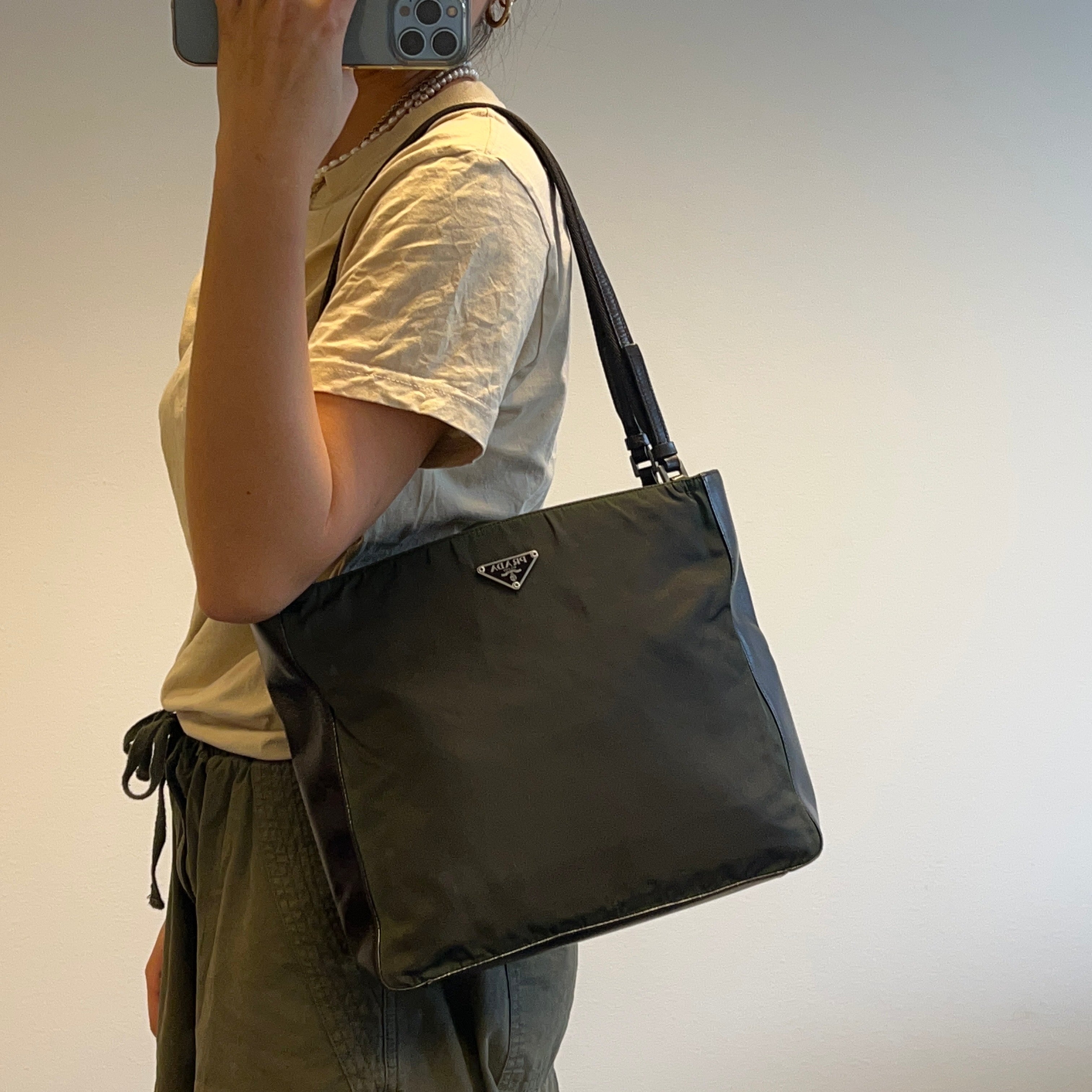 Nylon Leather Tote Small Shoulder Bag Green Brown - Vintage Luxuries