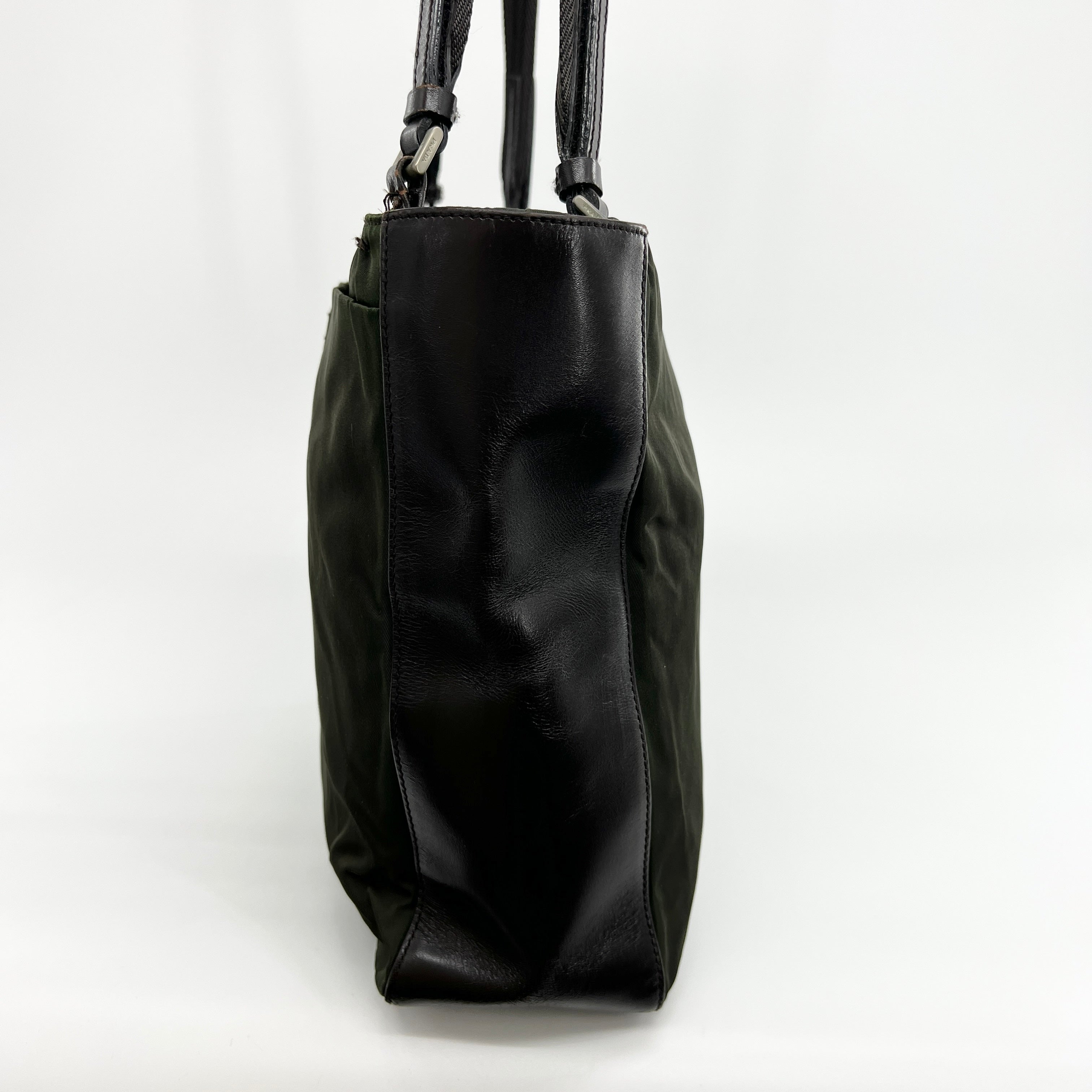 Nylon Leather Tote Small Shoulder Bag Green Brown - Vintage Luxuries