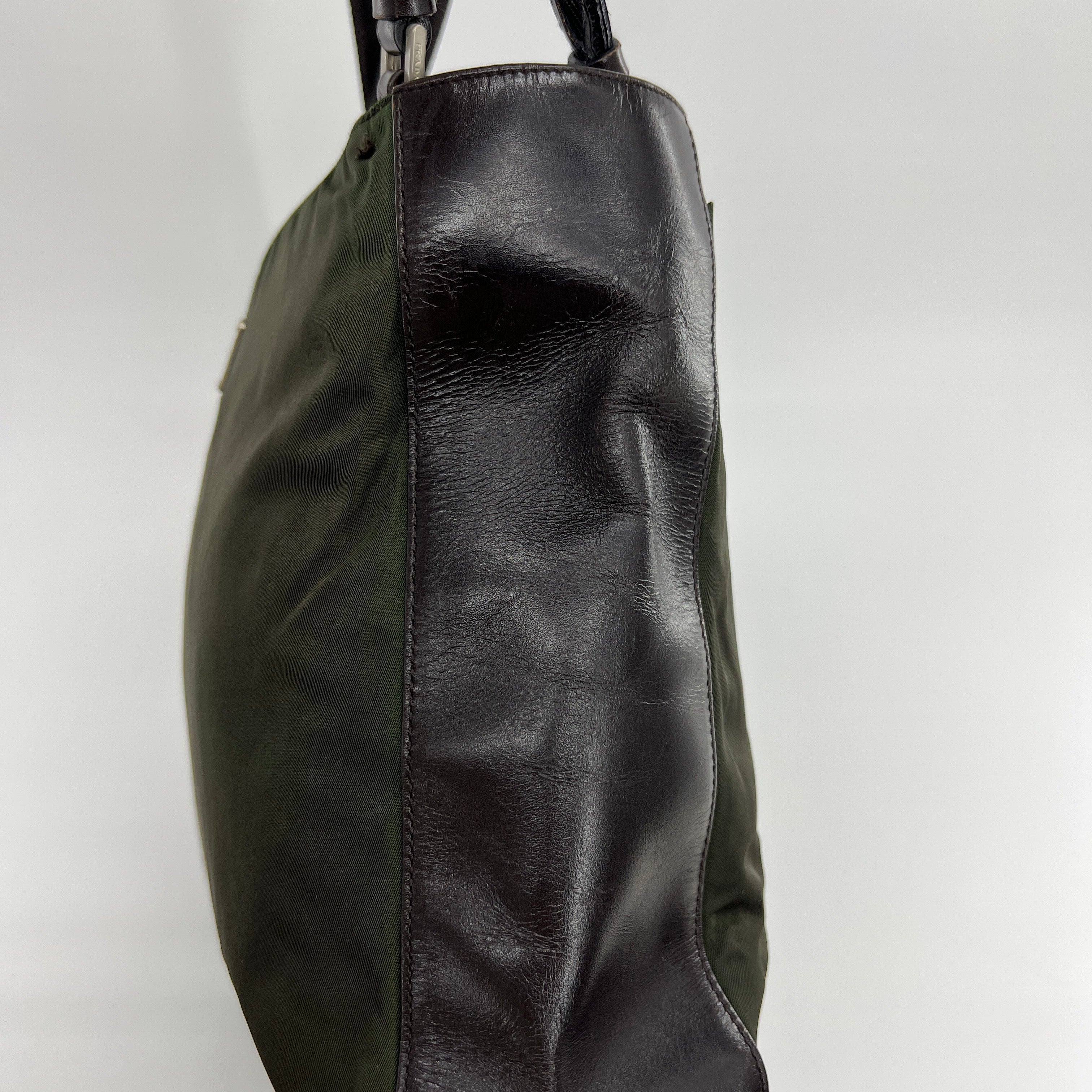 Nylon Leather Tote Small Shoulder Bag Green Brown - Vintage Luxuries