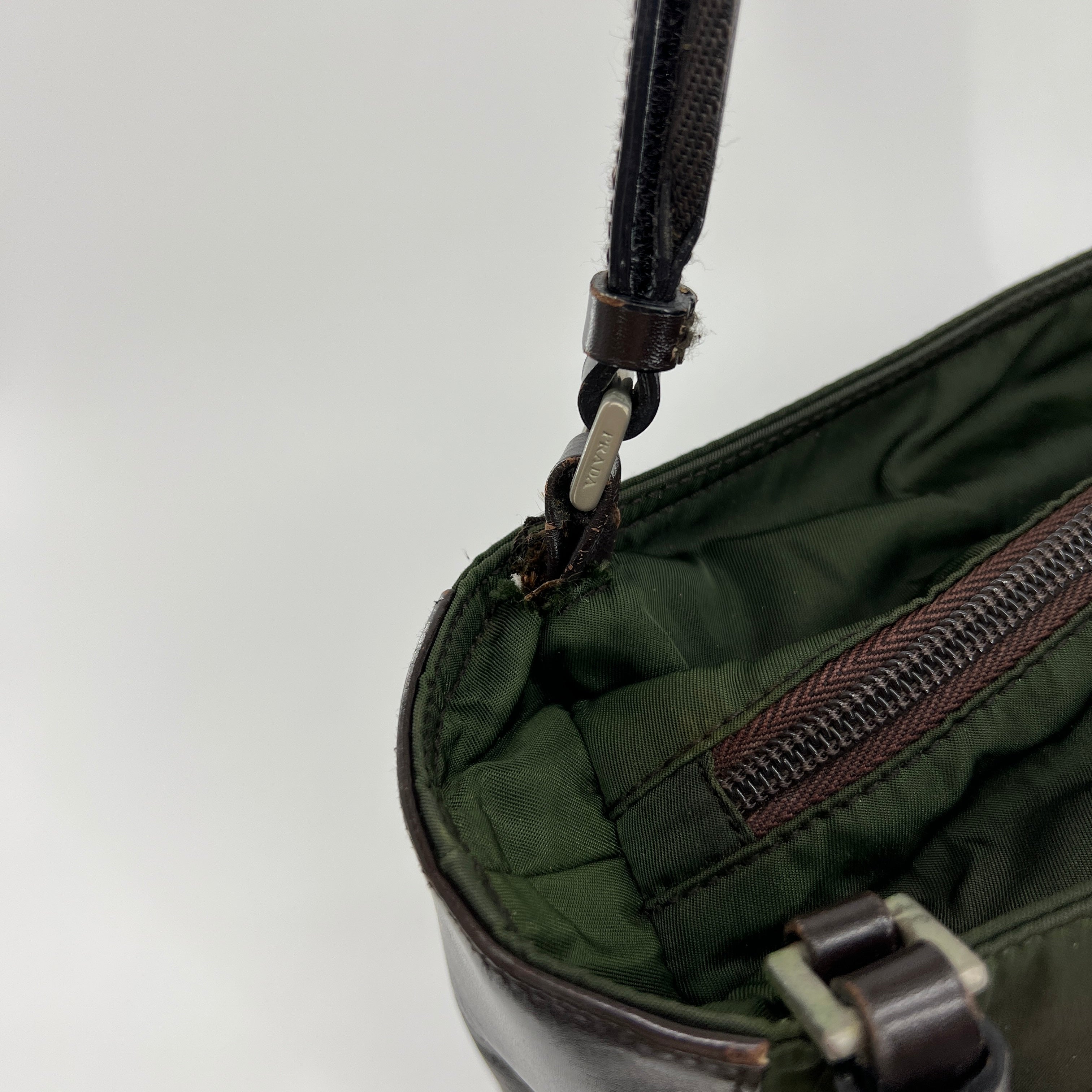 Nylon Leather Tote Small Shoulder Bag Green Brown - Vintage Luxuries