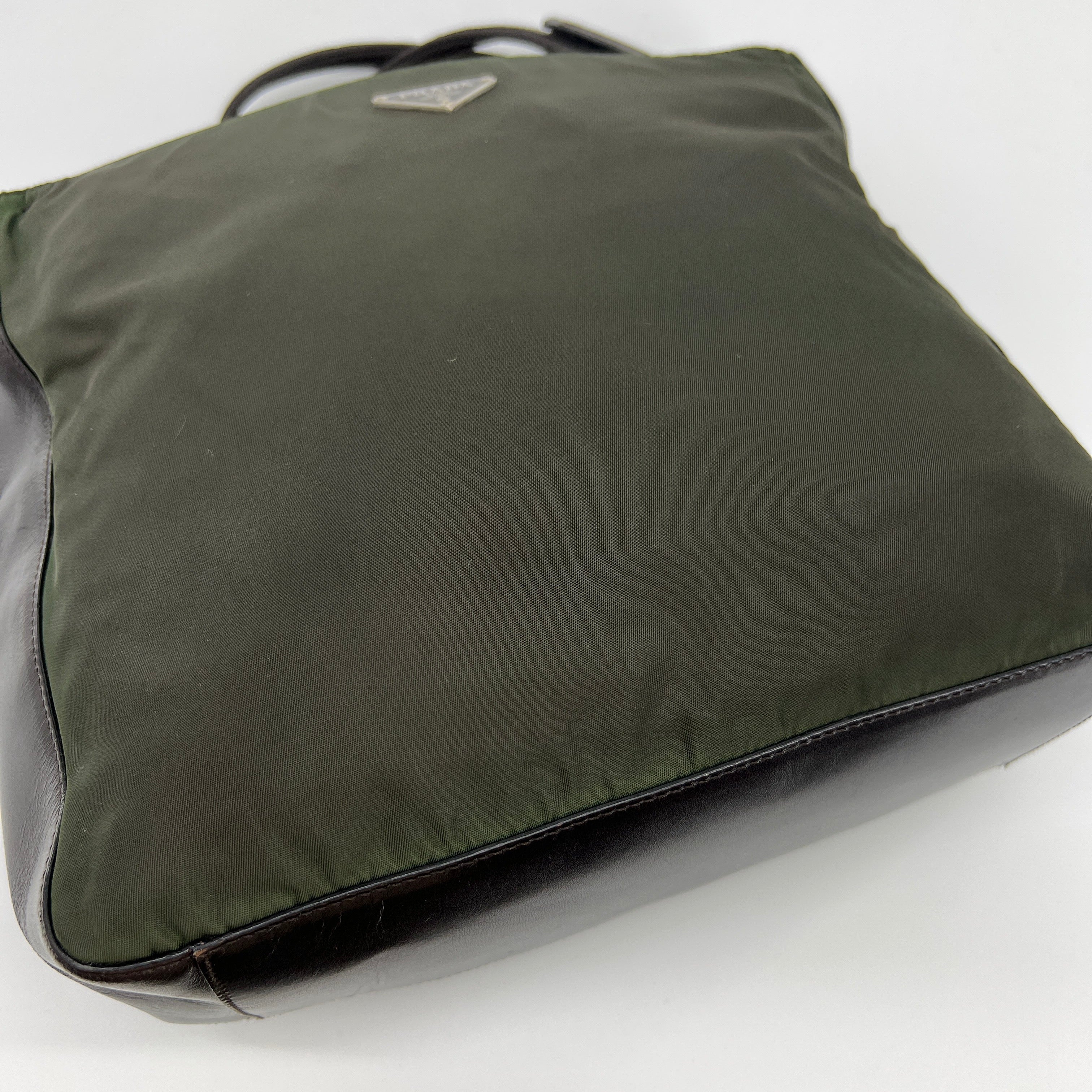 Nylon Leather Tote Small Shoulder Bag Green Brown - Vintage Luxuries
