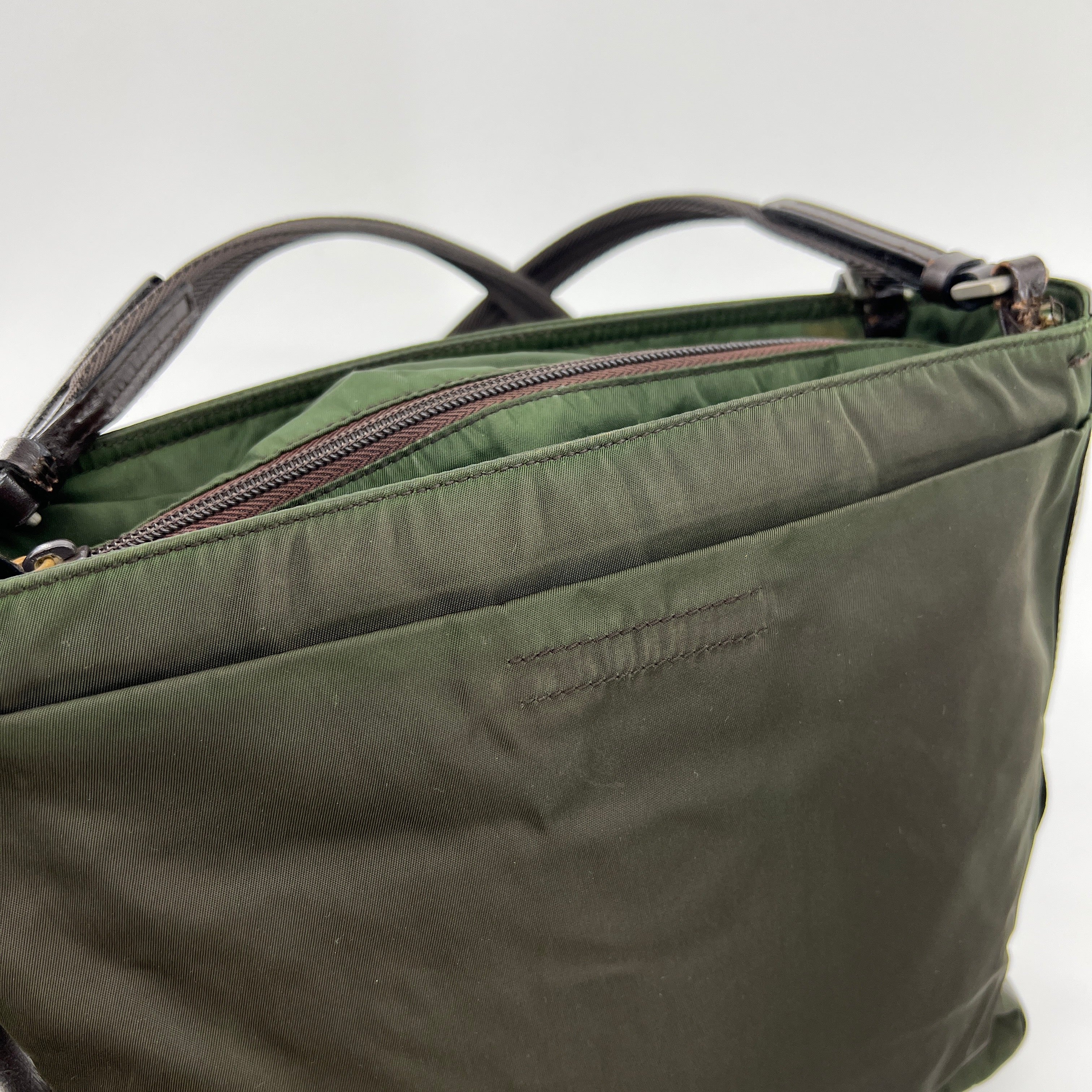 Nylon Leather Tote Small Shoulder Bag Green Brown - Vintage Luxuries