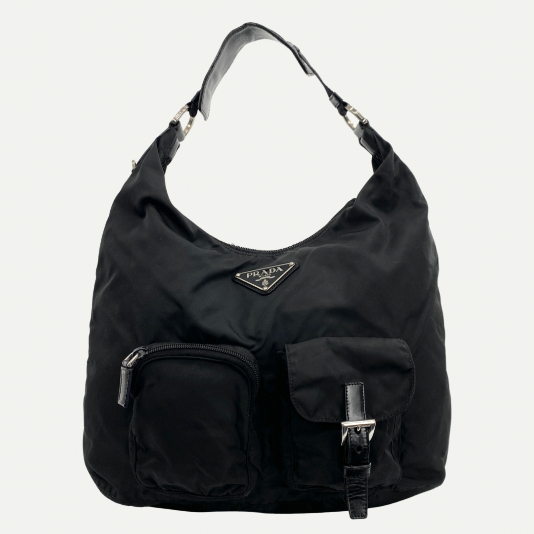 Nylon Multi Pocket Hobo Bag Black - Vintage Luxuries