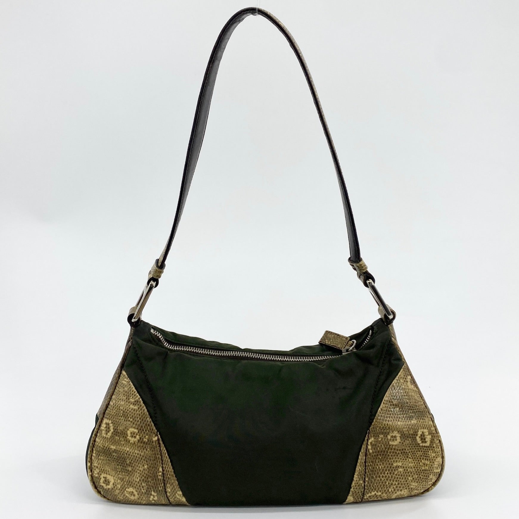 Nylon Shoulder Bag Khaki Snake Print