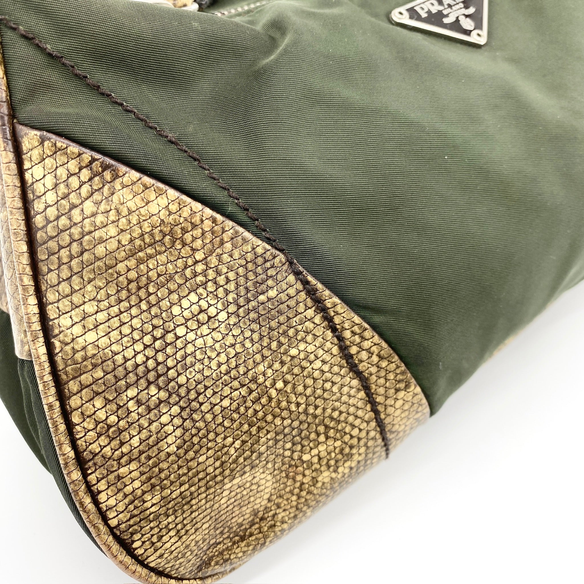 Nylon Shoulder Bag Khaki Snake Print