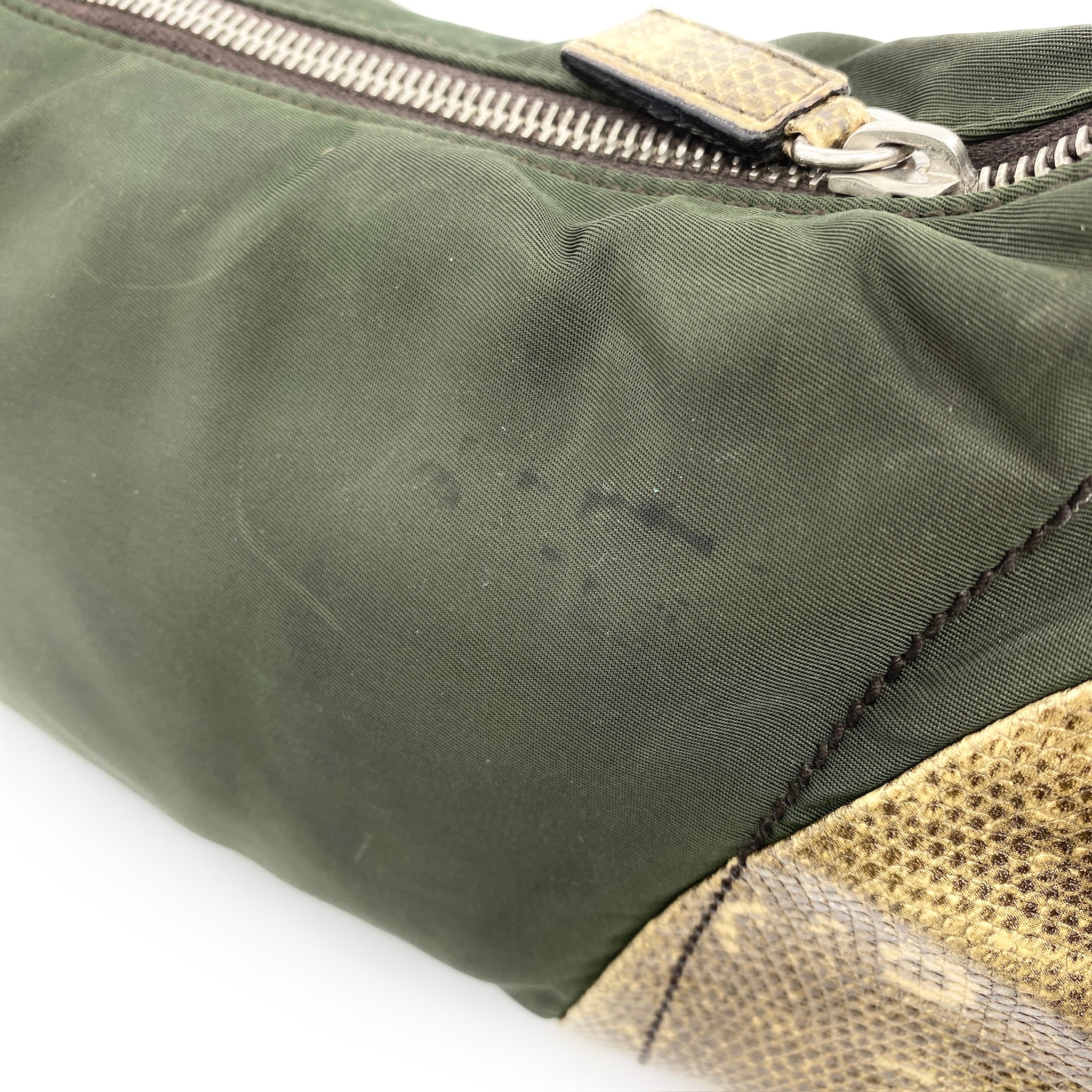 Nylon Shoulder Bag Khaki Snake Print