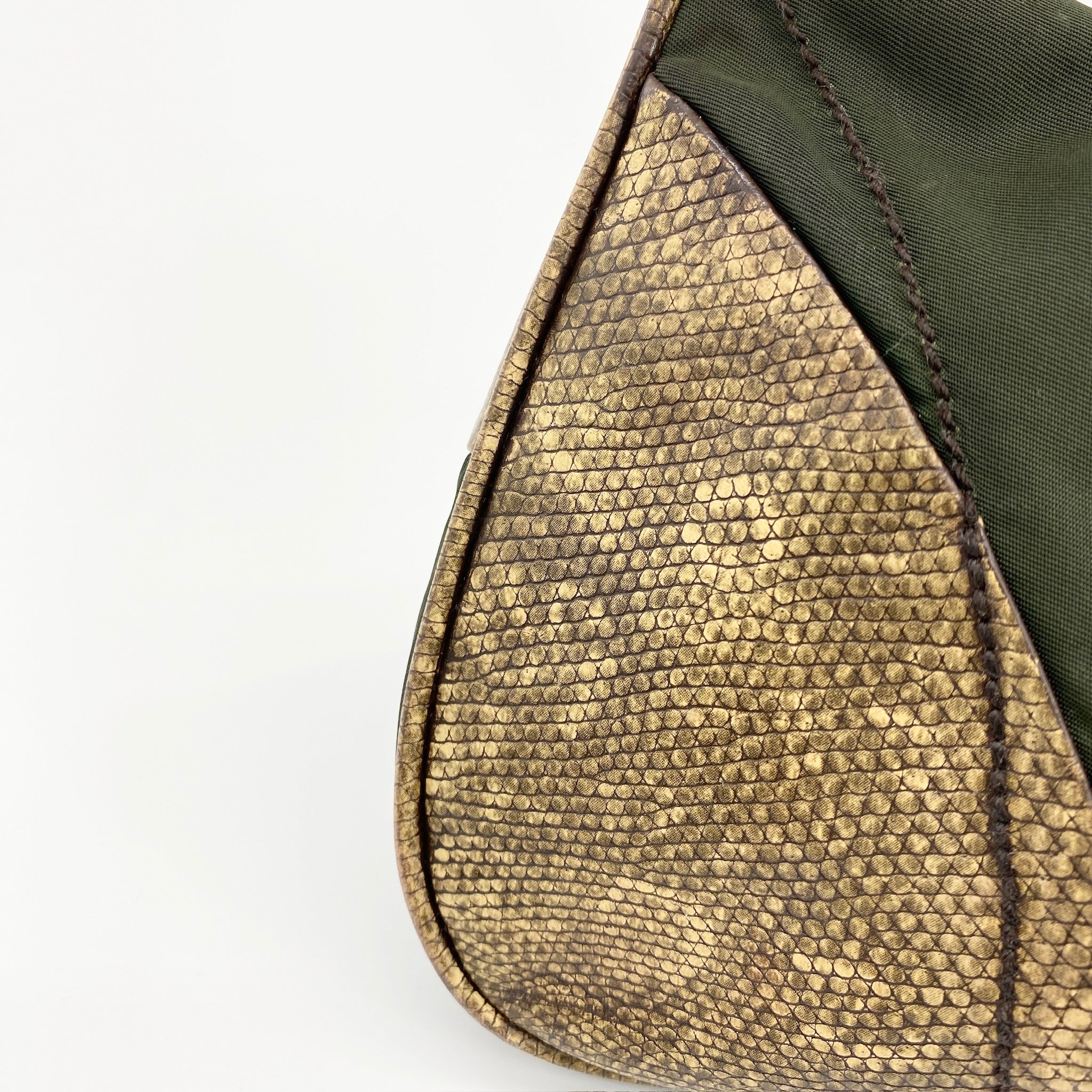 Nylon Shoulder Bag Khaki Snake Print