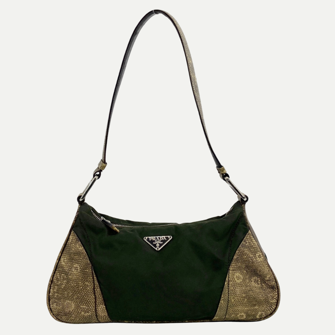 Nylon Shoulder Bag Khaki Snake Print