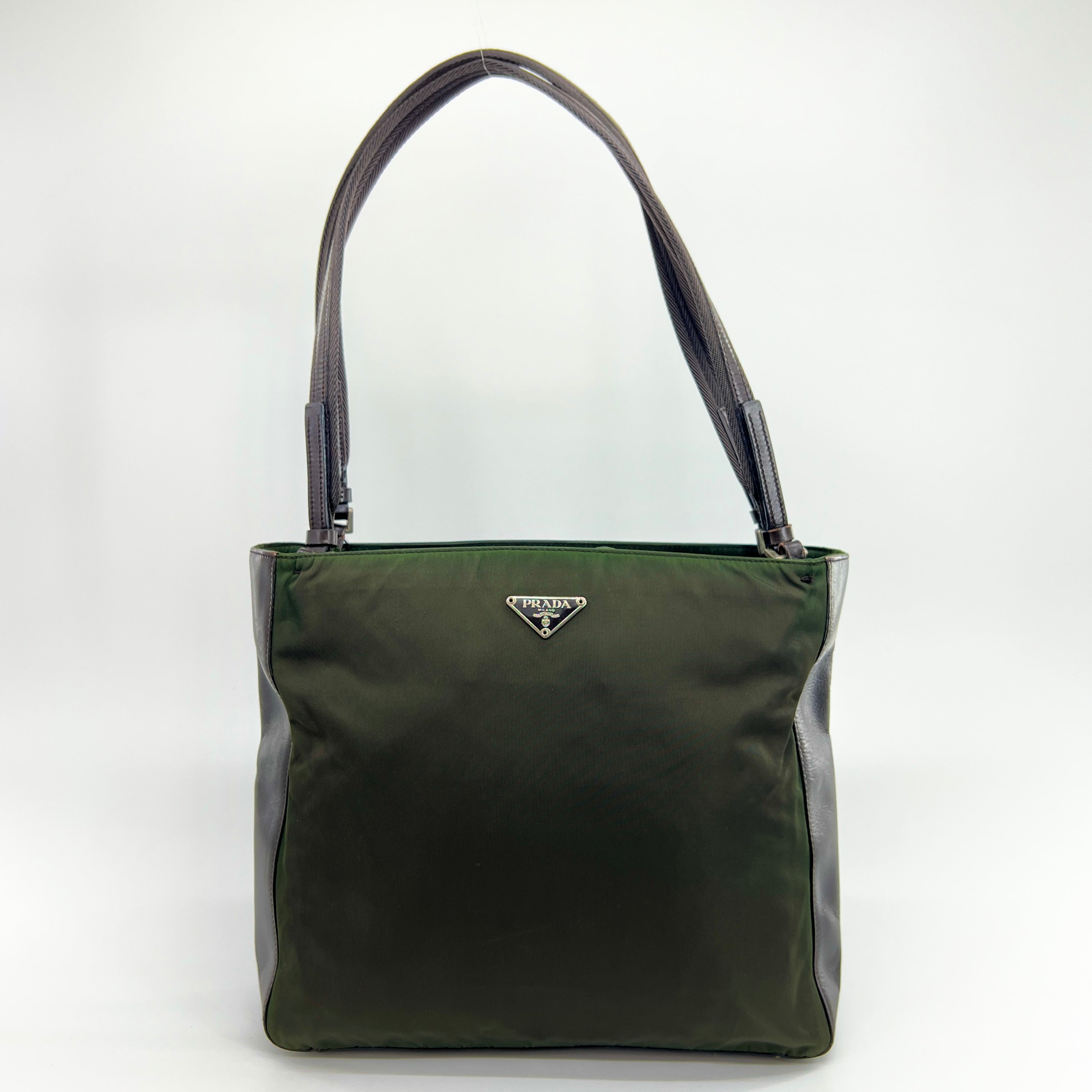 Nylon Leather Tote Small Shoulder Bag Green Brown - Vintage Luxuries