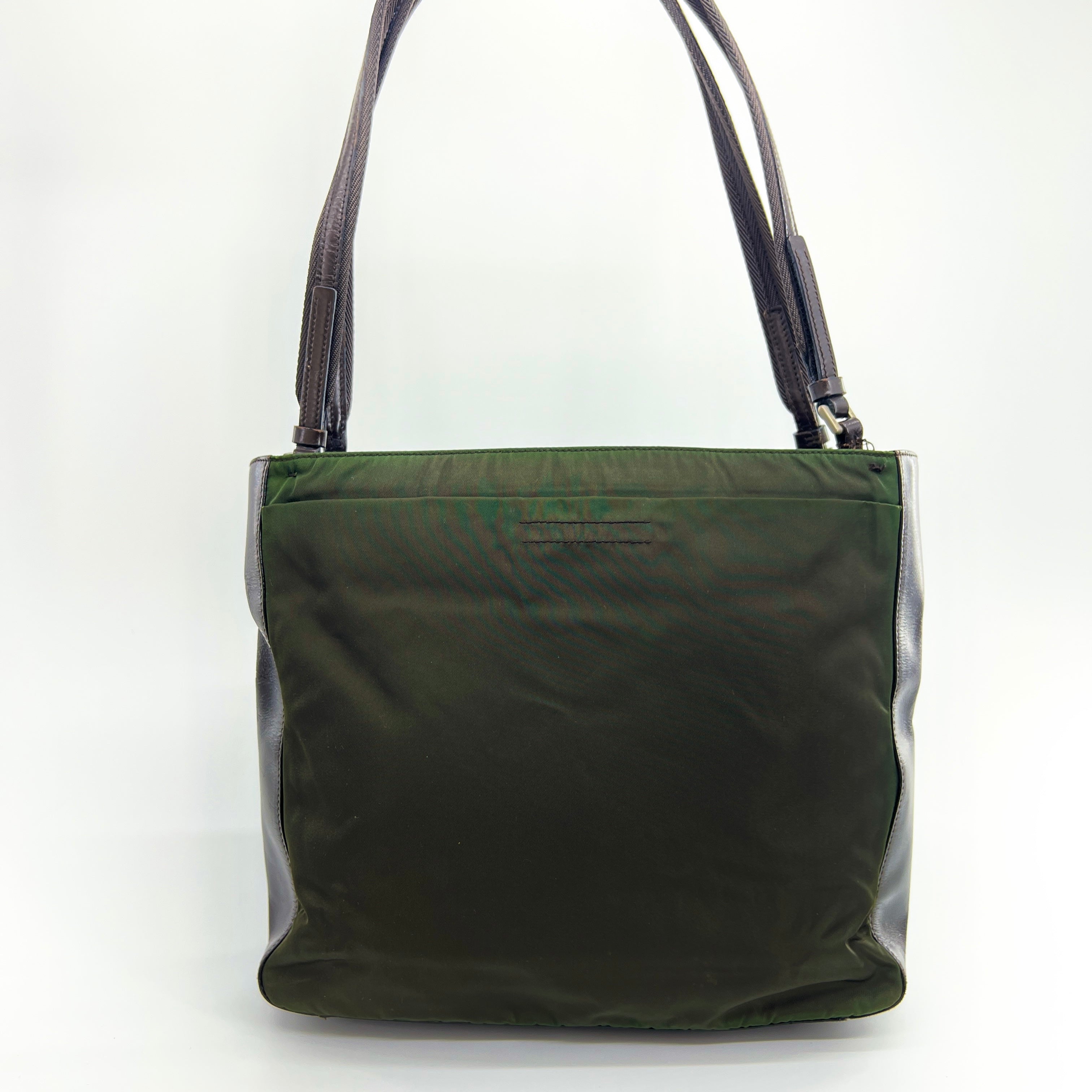 Nylon Leather Tote Small Shoulder Bag Green Brown - Vintage Luxuries